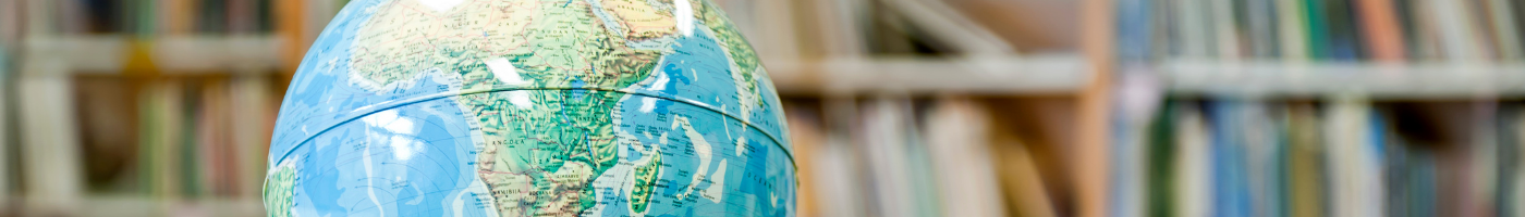 globe in front of bookshelf